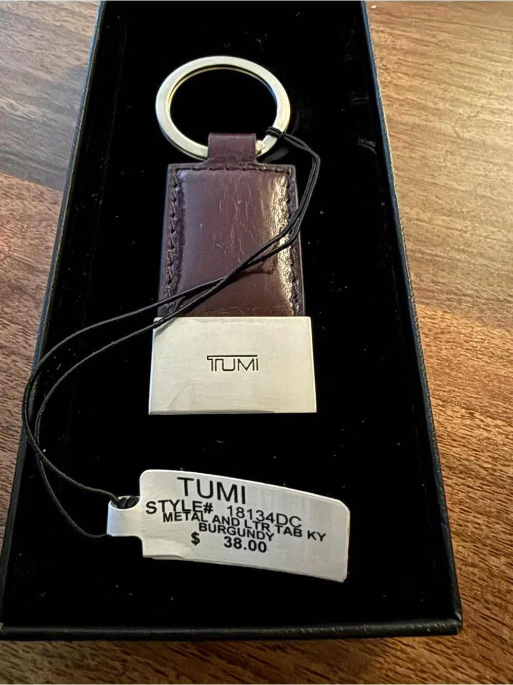 New Tumi Brown Leather Keyring with Silver Metal Plate